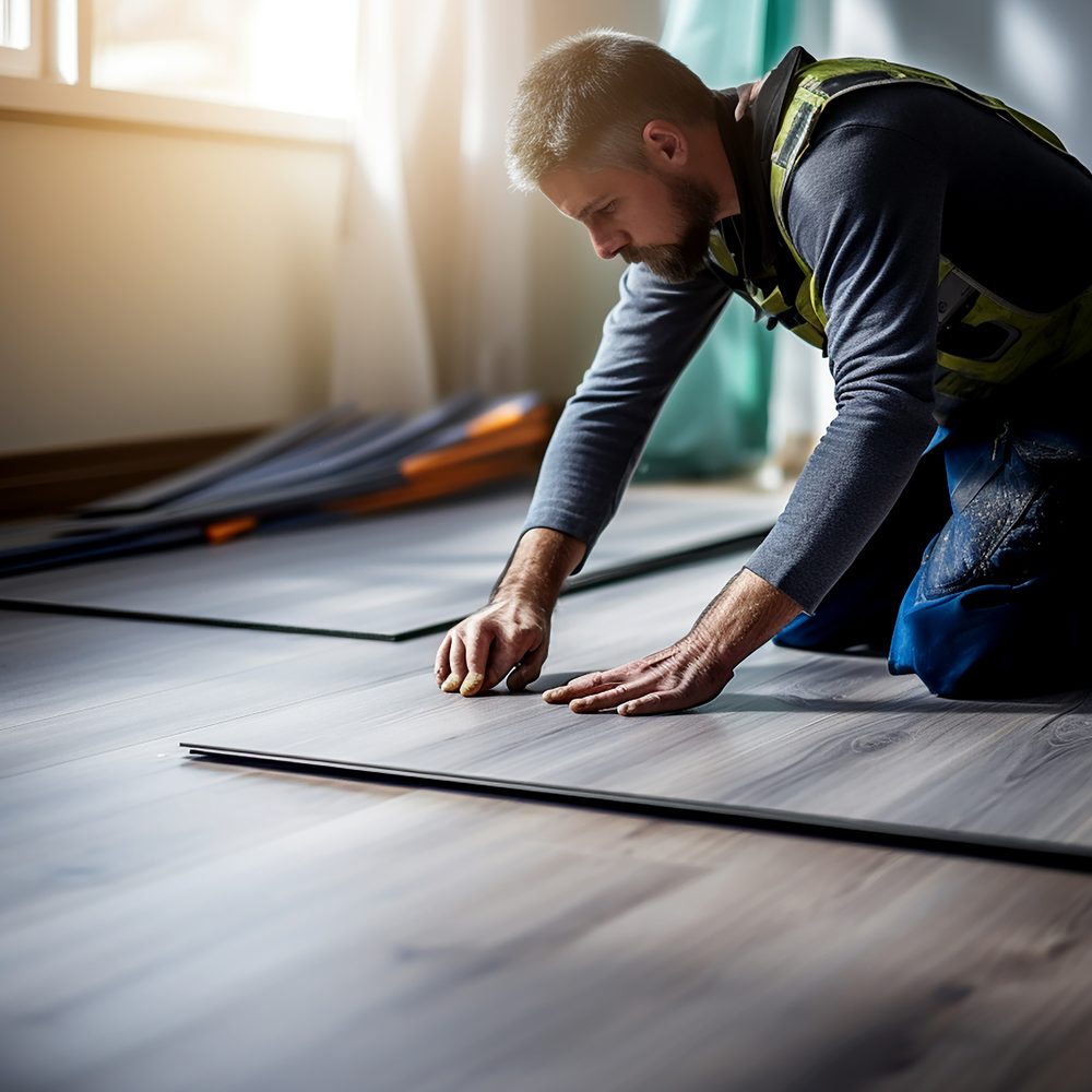 Travaux d’isolation du plancher d’un garage transformé en pièce de vie, au pied d’une porte-fenêtre.