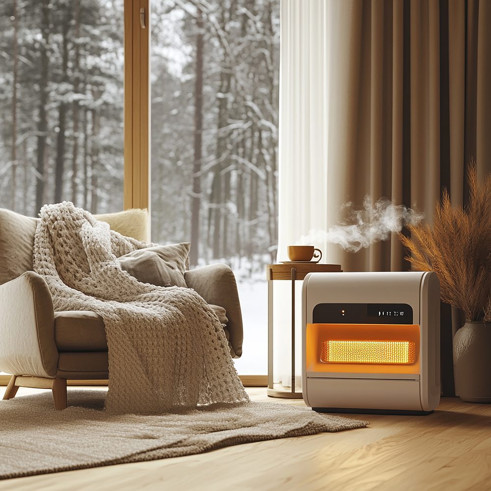 Intérieur sobre d’une maison de vacances en Bretagne avec un radiateur et un thermostat connecté.