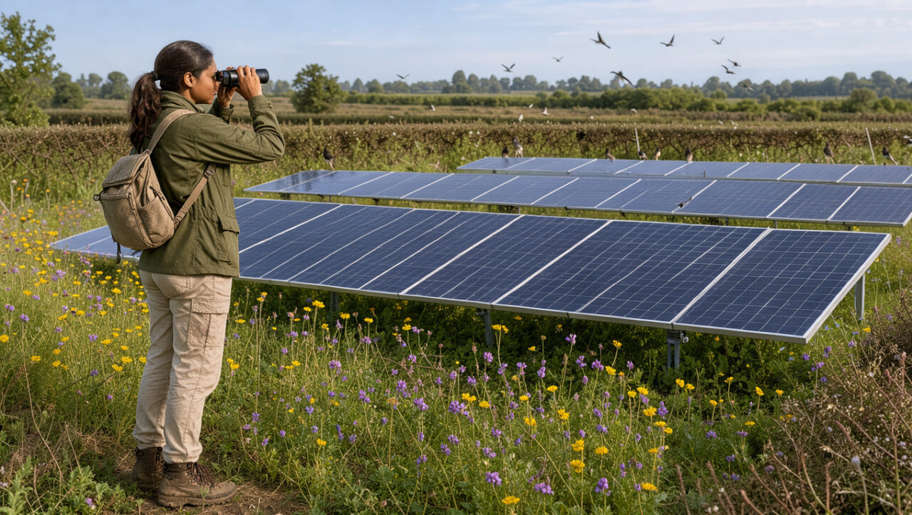 Une écologue observe des oiseaux aux jumelles dans une prairie fleurie bordée de haies, au pied d’un parc photovoltaïque intégré à la biodiversité locale.