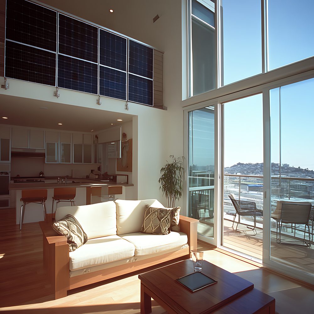 Salon d’un appartement sous les toits protégé du soleil par des stores et des fenêtres fermées.